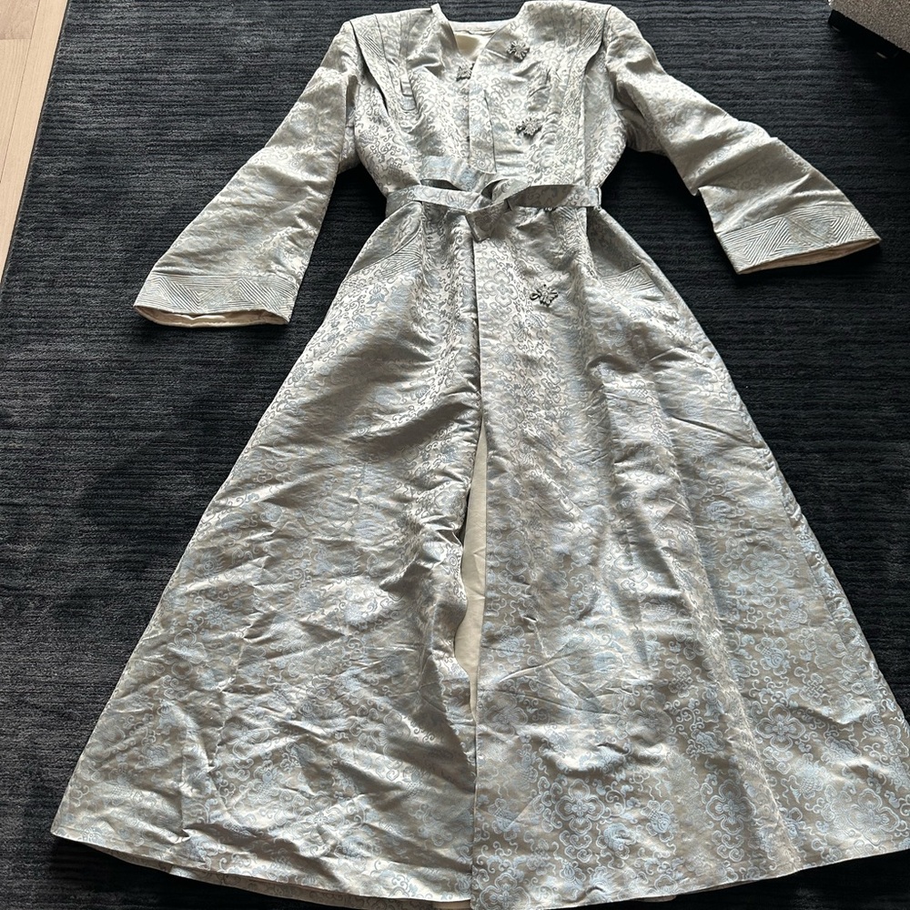Vintage Elegant Silver Brocade Long Coat